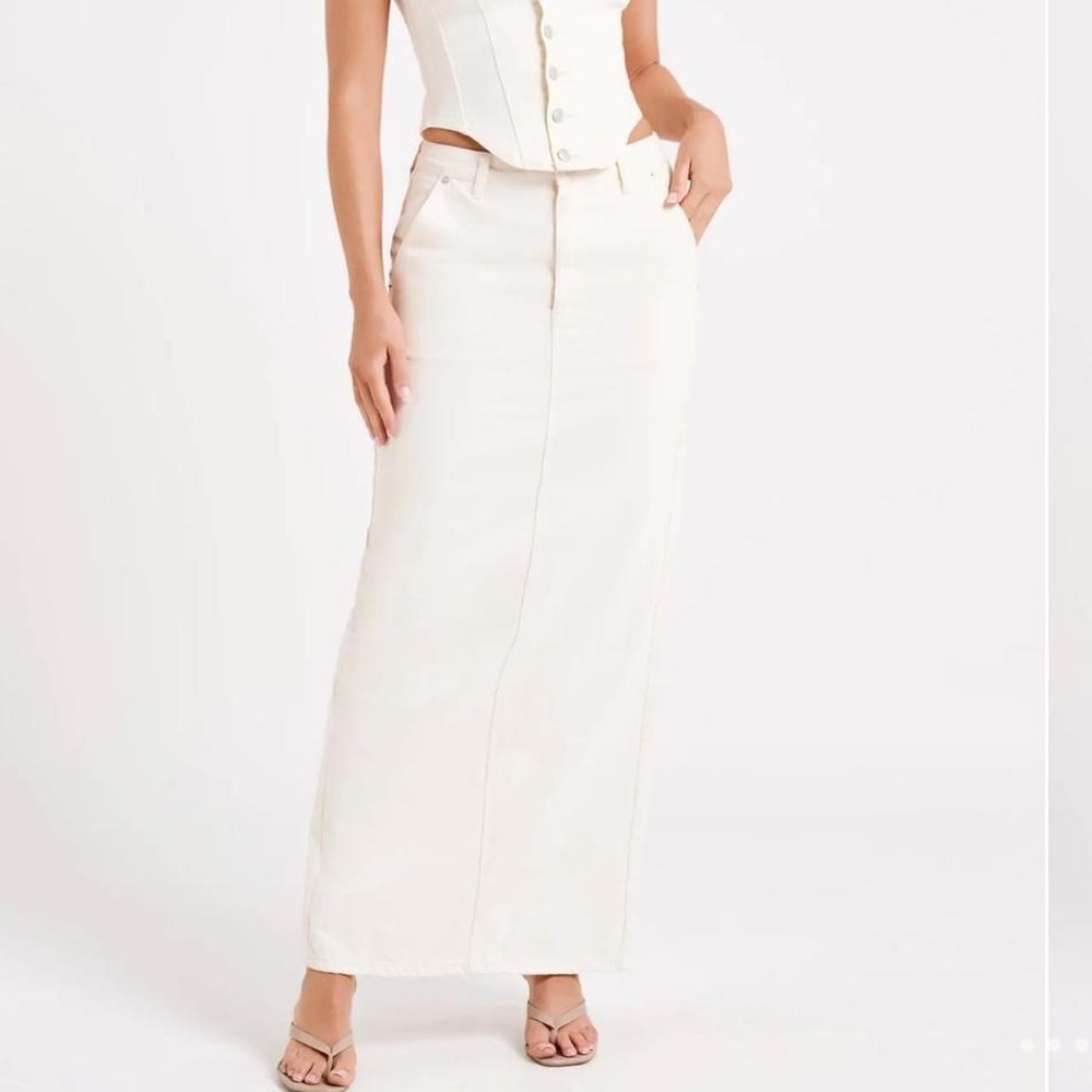 Meshki Cream Denim Maxi Skirt Off White Cotton Back Slit  XL